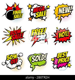 Best offer and sale promotional vector collection of pop art cartoon speech bubbles. Sale and promotion cartoon speech cloud illustration Stock Vector