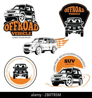 Off-road vehicle labels or logos set isolated on white background. Vector vehicle icon emblem, automobile illustration Stock Vector