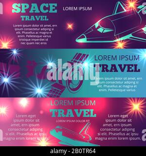 Space travel horizontal banners template with shuttle and intenational space station. Vector illustration Stock Vector