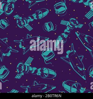 Space seamless pattern with shuttle, backgorund with international space station and stars. Vector illustration Stock Vector
