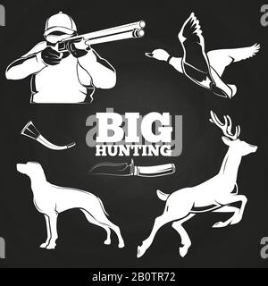 Big hunting elements on blackboard - duck, dog, deer and hunter. Vector illustration Stock Vector