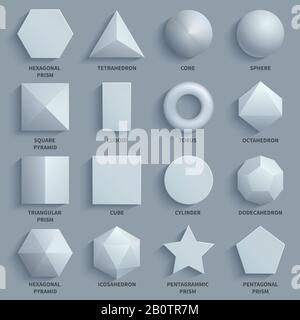 Top view realistic white math basic 3d shapes vector set. Three dimensional geometric figures. Geometric shape figure form illustration Stock Vector