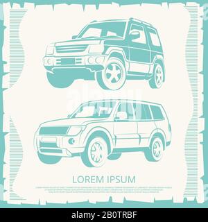 Vintage poster with Jeep cars design. Banner with automobile, vector illustration Stock Vector