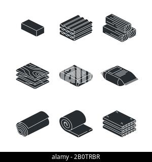 Building and contruction materials icons set on white background. Wooden material for building construction. Vector illustration Stock Vector