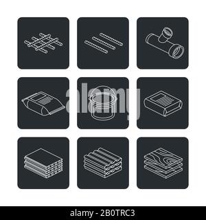 Building and contruction materials icons set - wooden boards, concrete plates, ropes, cement and paint. Vector illustration Stock Vector