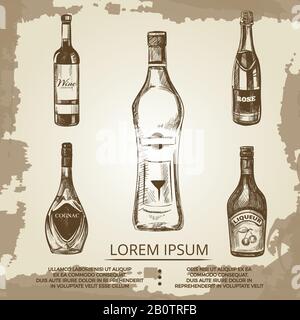 Vintage grunge poster with hand drawn elite alcohol drinks. Sketch beverage grunge, vector illustration Stock Vector