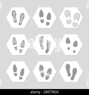 Grey footprints icons - female, male and sport shoe. Vector illustration Stock Vector