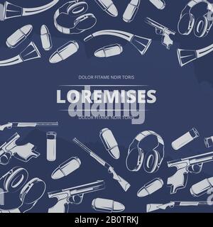 Hunting objects background design - poster with guns, headphones and bullets. Vector illustration Stock Vector