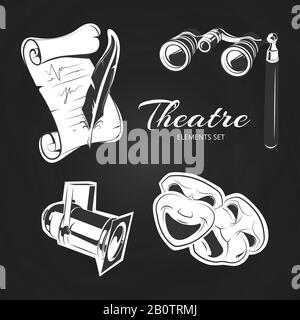 Popular theatre symbols set on chalkboard. Drawing performance show, vector illustration Stock Vector