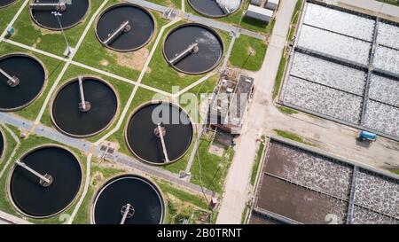 Sewage Farm: Aerial drone photo looking down onto a wide angle view of a waste water treatment processing plant in North London.