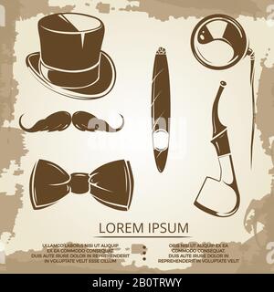 Getlemen style objects - cylinder, bow tie, tobacco. Vector vintage icons illustration Stock Vector