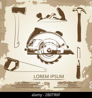 Vintage design of carpentry equipment collection - carpentry tools poster. Carpentry vintage hammer and sawe illustration Stock Vector