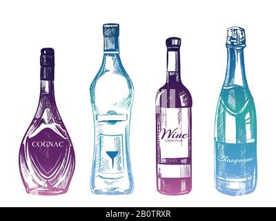 Colorful hand drawn alcohol drinks isolated on white background. Glass of bottle color. Vector illustration Stock Vector