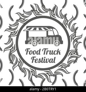 Food truck festival banner on sausage seamless pattern. Vector illustration Stock Vector