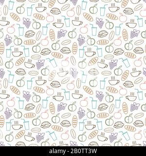 Food and drinks seamless pattern design - seamless texture with burger, drinks, bread and fruits line icons. Background breakfast vector illustration Stock Vector