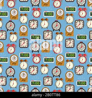 Seamless pattern with colorful alarm clocks on blue backdrop. Background with clock. Vector illustration Stock Vector