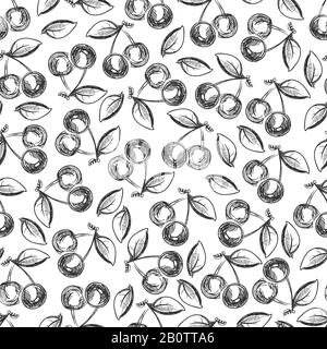Hand drawn cherries seamless pattern - monochromic berries. Background with fruits illustration Stock Vector