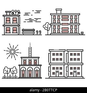 Line art houses collection - city objects with nature elements. Linear buildings illustration Stock Vector