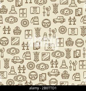 Car travel seamless pattern - travel background with car, map, canister and other transportation icons. Vector illustration Stock Vector