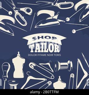 Blue tailor shop fashion banner or poster with scissors. Handmade and handwork poster. Vector illustration Stock Vector