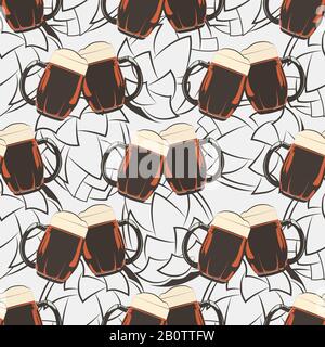 Beer seamless pattern with beer mugs and hops silhouetes. Alcohol drink mug background. Vector illustration Stock Vector