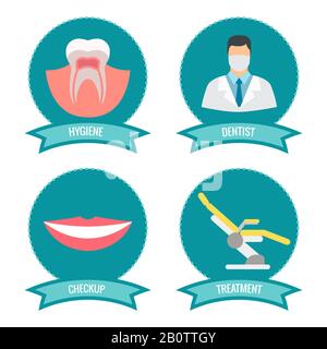 Dental icons with doctor, smile, teeth and medicinal chair. Implant tooth symbol, vector illustration Stock Vector