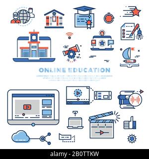 Online education colorful line icons and infographics isolated on white background. School and university education. Vector illustration Stock Vector