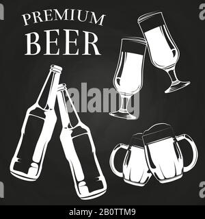 Beer glasses, bottles and mugs on chalkboard - beer drinks for menu or advertising. Vector illustration Stock Vector
