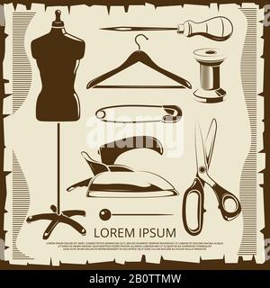 Vintage elements for tailor labels - scissors, dummy, thread, pins in retro style. Vector illustration Stock Vector