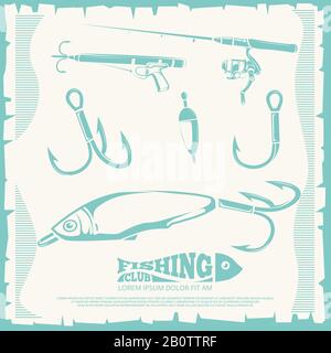 Poster with fishing accesories and equipment hook for sport fishing. Vector illustration Stock Vector