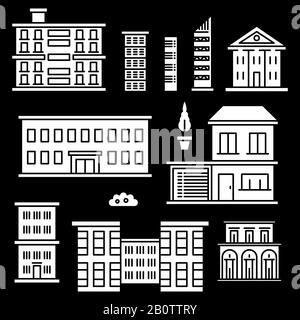 White houses icons on black backgrond. Set of building construction. Vector illustration Stock Vector