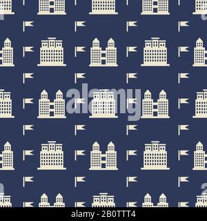 Buildngs and flags seamless pattern - city on blue seamless texture. Vector illustration Stock Vector