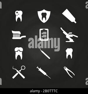 Stomatology icons set on chalkboard - teeth care icons. Care health icon, vector illustration Stock Vector