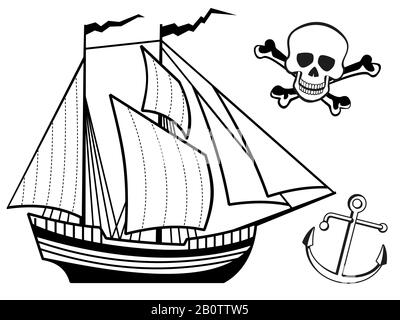 Coloring page with ship, anchor and human skull. Vector illustration Stock Vector