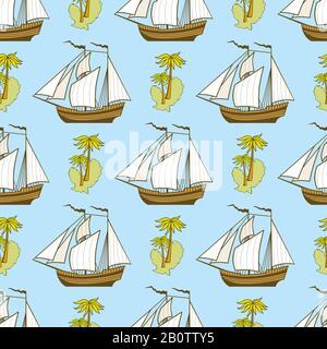 Seamless pattern with ship, palms and island - adventure seamless texture. Vector illustration Stock Vector