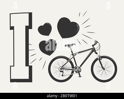 I love bicycle print design - print with bicycle and hearts. Print sport style bike, vector illustration Stock Vector