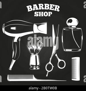 Barber shop objects for labels - shaving brush, hair dryer, perfume, combs on chalkboard. Vector illustration Stock Vector