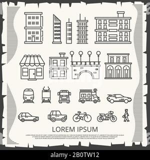 Modern city elements on vintage poster - line art city poster design. Urban fashion building vector illustration Stock Vector