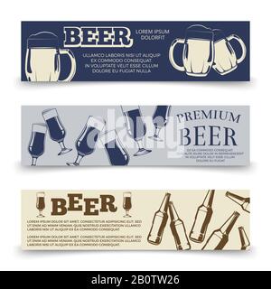 Drink horizontal banners template with beer mugs, glasses and bottles. Banner with beer beverage bottle illustration Stock Vector