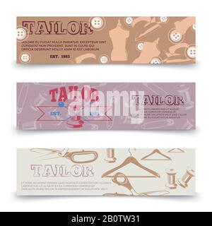 Tailor horizontal banners template with tailor accessories. Fashion sewing template poster. Vector illustration Stock Vector