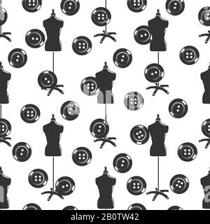 Monochromic tailor shop seamless pattern with dummy and buttons. Vector illustration Stock Vector