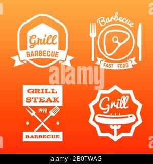 Steak house, grill bar and barbecue labels on bright backdrop. Vector illustration Stock Vector