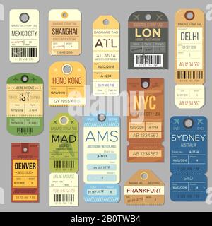 Luggage carousel baggage vintage tag symbols. Old train ticket and airline journey stamp symbol. London tour trip ticket vector set Stock Vector