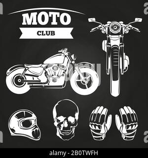 Moto club objects - human skull, motorcycle, helmet and gloves on blackboard. Vector illustration Stock Vector