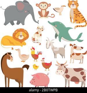 Child cartoons elephant, gull, dolphin, wild animal. Pet, farm and jungle animals vector cartoon illustration collection Stock Vector