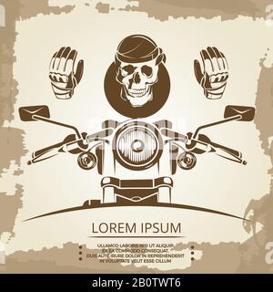 Vintage moto club logo design with human skull. Vector illustration Stock Vector