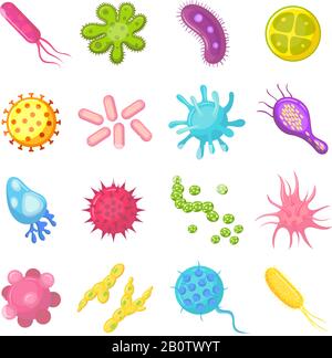 Bacteria and germs colorful set micro-organisms disease-causing objects, bacteria, viruses, fungi. Vector isolated cartoon illustration Stock Vector