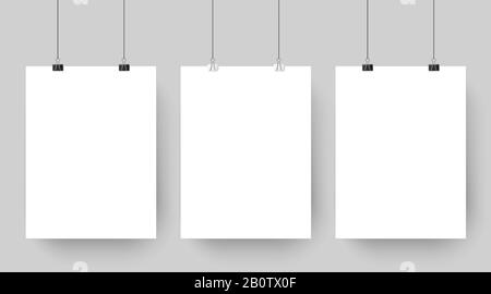 Empty affiche mockup hanging on paper clips. White blank advertising poster template casts shadow on gray background vector illustration Stock Vector
