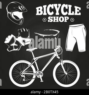 Bicycle shop products on blackboard - helmet, bicycle, gloves. Vector illustration Stock Vector