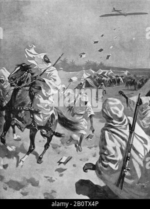 An illustration circa 1912 of an Italian airplane of the Royal Italian Army dropping propaganda leaflets over Arab horsemen in Libya during the Italian Turkish war of 1911 to 1912.    A precursor to World War One it established Italian rule over Libya until independence in 1947.  The conflict was the first recorded use of aircraft including the first aerial reconnaissance mission, bombing mission using German built Etrich Taube aircraft.  The Turks were also the first to shoot down an airplane using rifle fire. Stock Photo